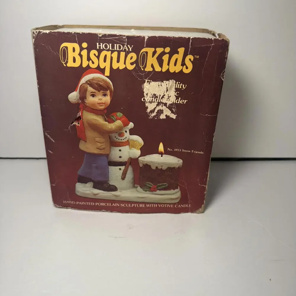 VINTAGE 1980 Holiday Christmas Bisque‎ Kids Snow Friends Candle Holder #1913